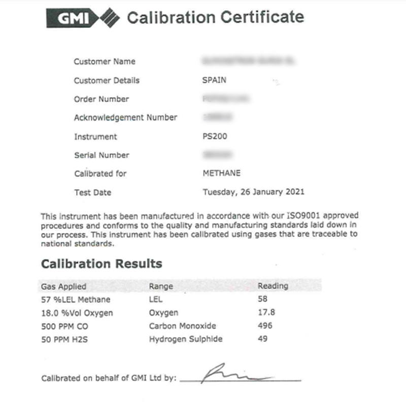 Ejemplo de certificado de calibración de un detector de gas.